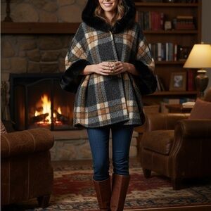 Elegant Black and Brown Plaid Hooded Poncho